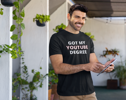 GOT MY YOUTUBE DEGREE Unisex t-shirt (R.E.D URL ON THE BACK)